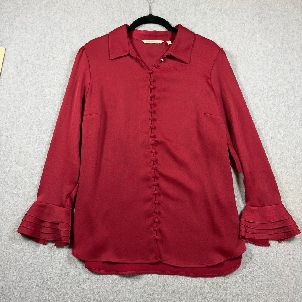 Soft Surroundings Button Up Blouse Tops Women's Size PM Red Tiered Ruffle